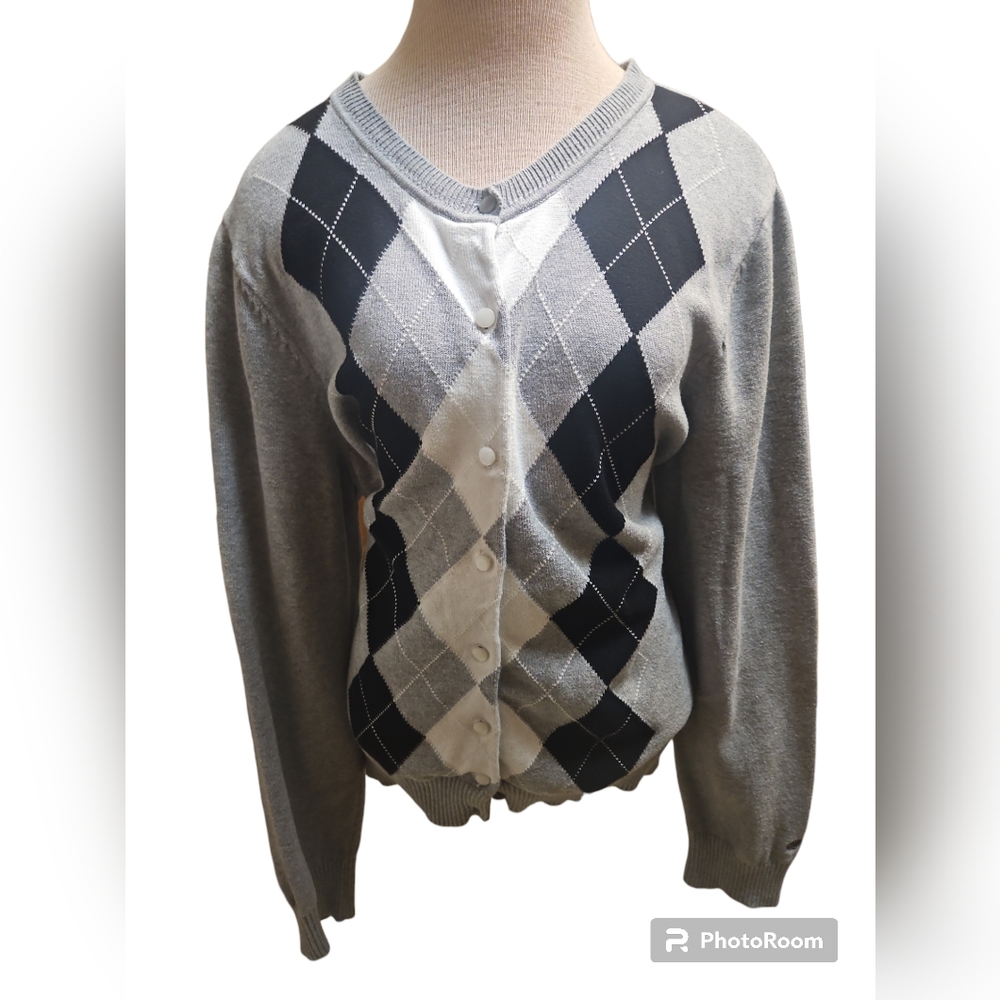 Izod Gray Argyle Pattern Button Down Cardigan - image 1